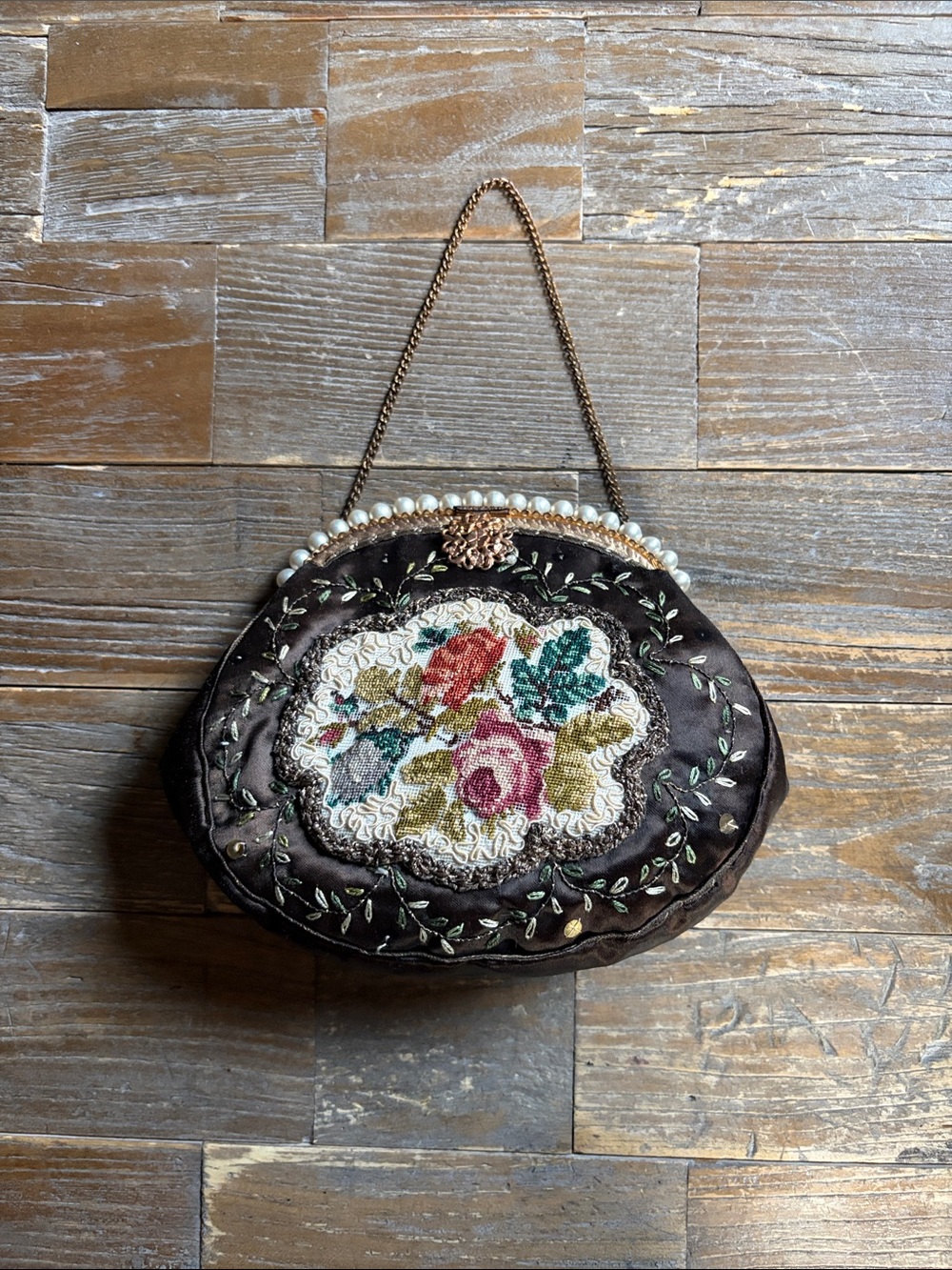 Antique Petit Point Satin Embroidered Handbag